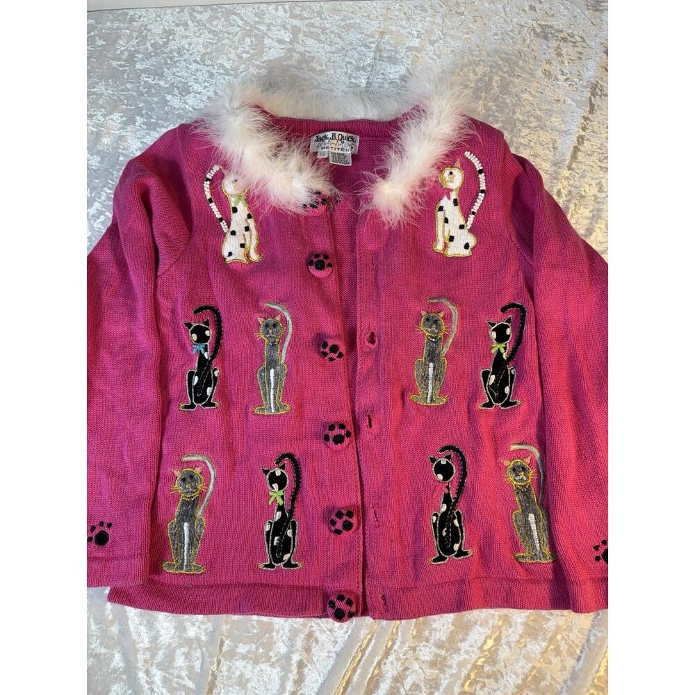 Vintage Cat Cardigan Petite Small Pink Beaded Kitty Sweater Y2K Kitschy